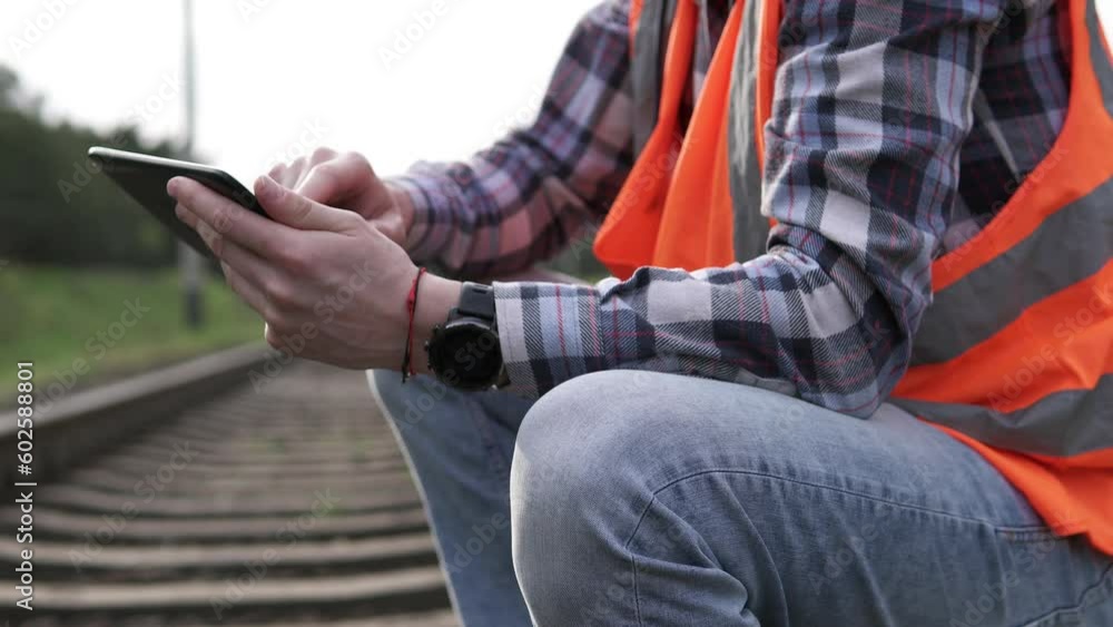 A railway traffic engineer inspector at a freight station takes notes on his tablet computer. A railway traffic engineer inspector at a freight station takes notes on his tablet computer.
