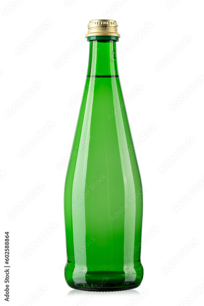 Green glass bottle of mineral water isolated on white background. Green glass bottle of mineral water isolated on white background.