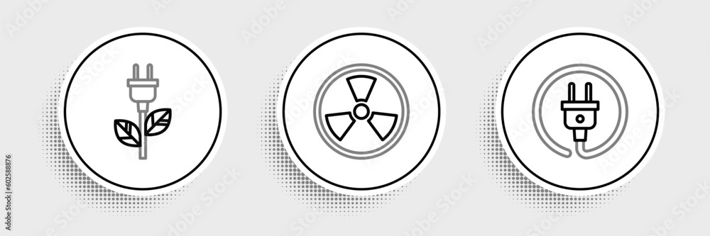 Set line Electric plug, saving in leaf and Radioactive icon. Vector Set line Electric plug, saving in leaf and Radioactive icon. Vector