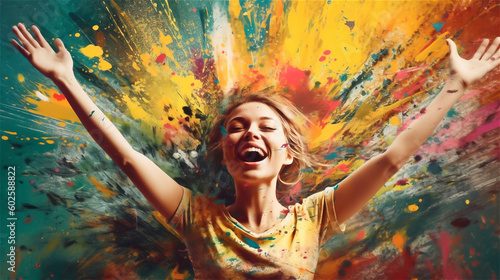 Young woman stands in front of a colourfully stained wall, laughs and raises her arms high, gerenative AI photo