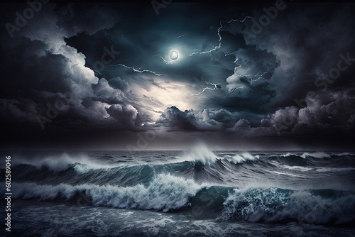 Storm over the ocean, big waves dramatic night sky and clouds