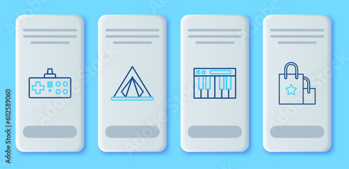 Set line Tourist tent, Music synthesizer, Gamepad and Paper shopping bag icon. Vector