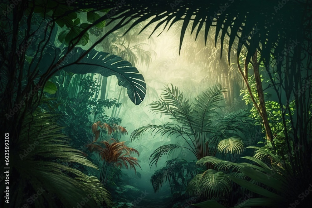 Tropical Rainforest Landscape background. Tropical jungle palms