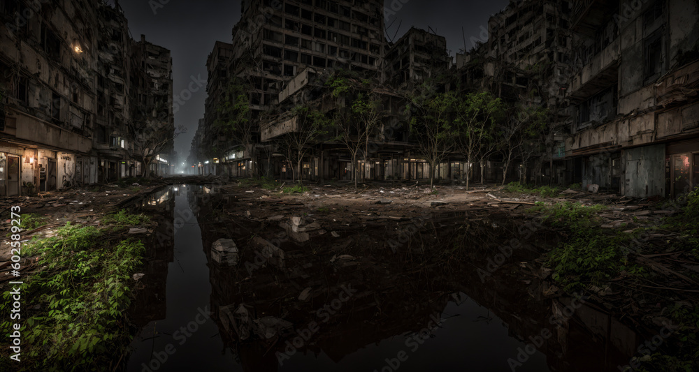 Survivors Settlement Town Square in the Post Apocalypse Forest at Night. Warm Summer Night. Abandoned Buildings (generative ai)