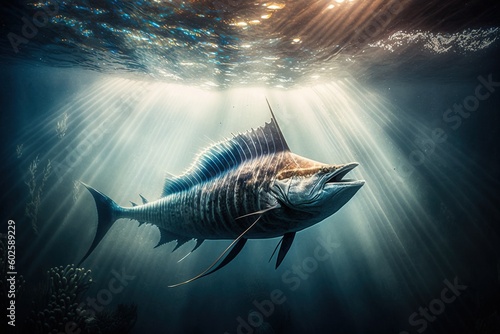 Underwater view of a sailfish with sun rays.