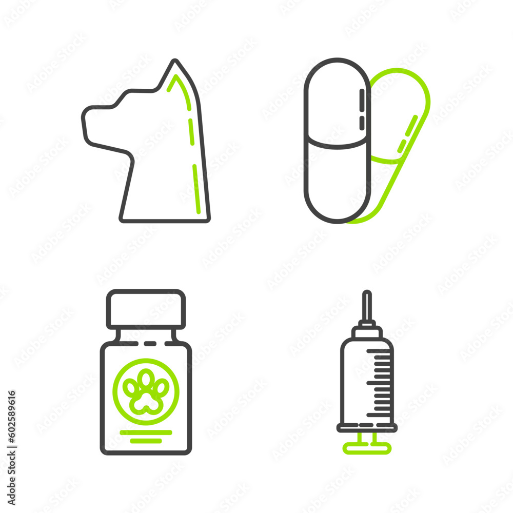 Set line Syringe with pet vaccine, Dog medicine bottle and pills, and Cat icon. Vector Set line Syringe with pet vaccine, Dog medicine bottle and pills, and Cat icon. Vector