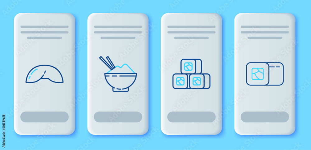 Set line Rice in a bowl with chopstick, Sushi, Chinese fortune cookie and icon. Vector