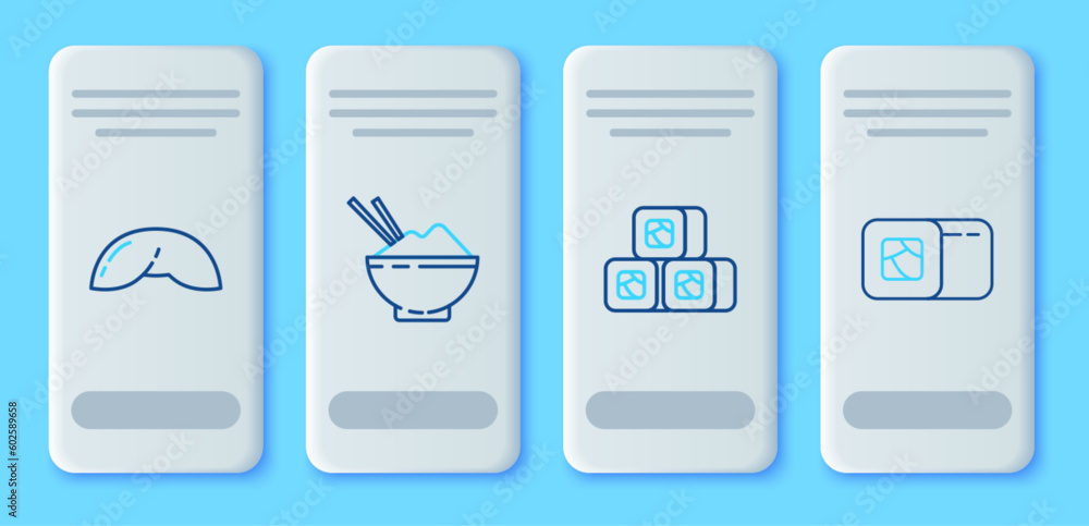 Set line Rice in a bowl with chopstick, Sushi, Chinese fortune cookie and icon. Vector Set line Rice in a bowl with chopstick, Sushi, Chinese fortune cookie and icon. Vector