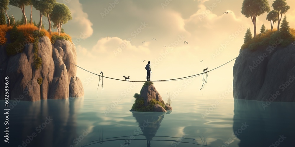 A dreamlike image of a person walking on a tightrope between two ...
