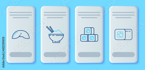 Set line Rice in a bowl with chopstick, Sushi, Chinese fortune cookie and icon. Vector