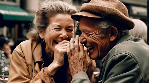 A retired couple put their heads together and giggle heartily and in love., gerenative AI