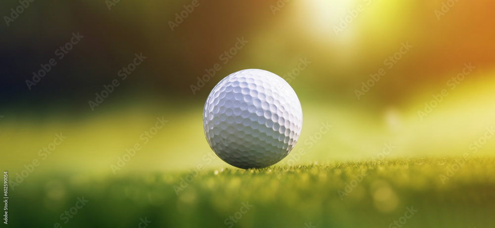 Golf sport ball close up on green grass banner for tournament. Generative AI Golf sport ball close up on green grass banner for tournament. Generative AI