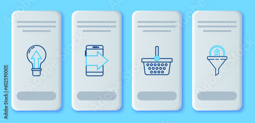 Set line Smartphone, mobile phone, Shopping basket, Light bulb and Lead management icon. Vector