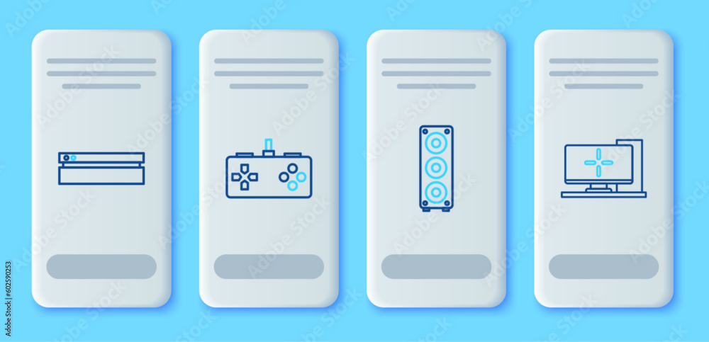 Set line Gamepad, Stereo speaker, Video game console and Computer monitor icon. Vector Set line Gamepad, Stereo speaker, Video game console and Computer monitor icon. Vector