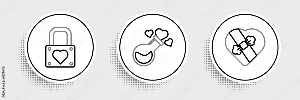 Set line Candy in heart shaped box, Lock and Bottle with love potion icon. Vector Set line Candy in heart shaped box, Lock and Bottle with love potion icon. Vector