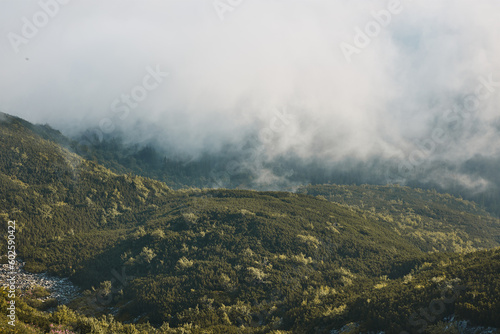 Mountain landscape. Scenic view of mountain peaks  slopes  hills and valleys covered with foggy slopes and valleys. Panoramic view