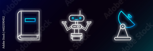 Set line Radar, User manual and Robot icon. Glowing neon. Vector