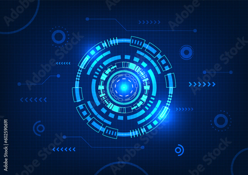 Technology circle background With the connection circuit on the side, the background uses blue tones. Refers to the data processor that receives from the network and transforms the data.