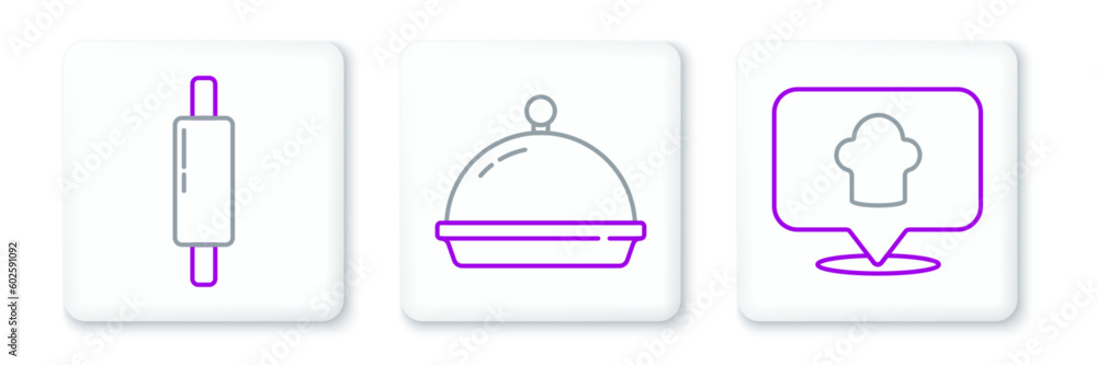 Set line Chef hat with location, Rolling pin and Covered tray of food icon. Vector Set line Chef hat with location, Rolling pin and Covered tray of food icon. Vector