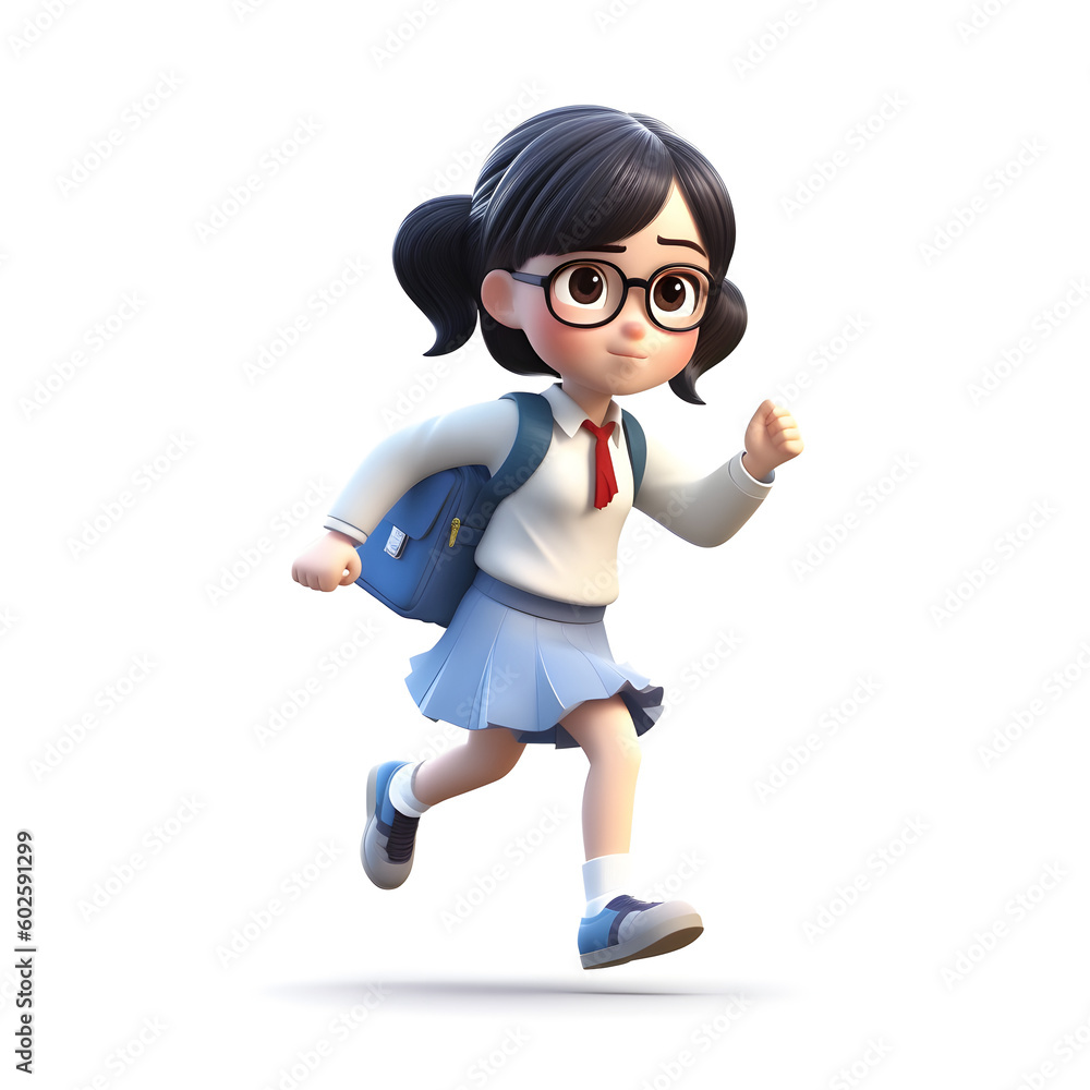 3d illustration of a cute girl in a blue school uniform with a school bag and a backpack ready for school