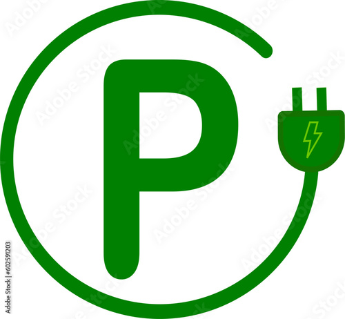 Letter P with plug icon. Green electric vehicle parking sign. Electric car charging point. Parking space for Eco friendly hybrid cars. Green energy concept .Replaceable  vector design. 