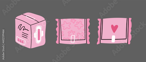 Menstrual sanitary pads isolated on dark background cartoon style flat vector illustration. Cute hand drawn periods feminine intimate hygiene napkins. Menstrual pads packaging outline pink design.