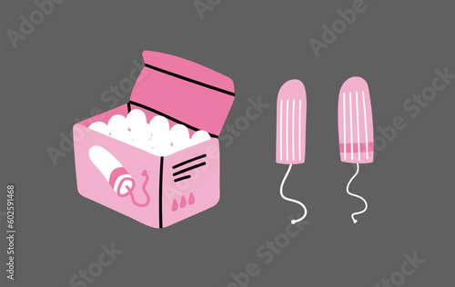 Cute hand drawn menstrual tampons isolated vector illustration. Two pink cotton tampons and tampon box packaging design. Doodle style outline feminine intimate hygiene, periods sanitary, health care. photo