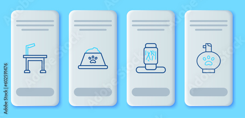 Set line Pet food bowl, Cat scratching post, grooming table and shampoo icon. Vector