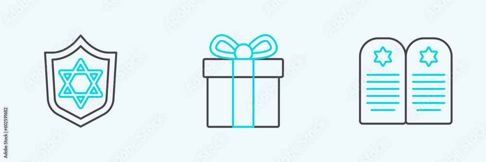 Set line Tombstone with star of david, Shield Star David and Gift box icon. Vector Set line Tombstone with star of david, Shield Star David and Gift box icon. Vector