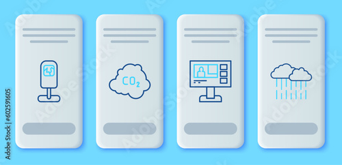 Set line CO2 emissions in cloud, Television report, Trash can and Cloud with rain icon. Vector