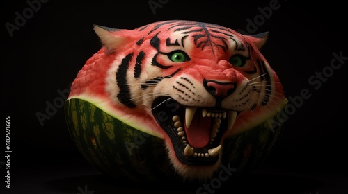 A tiger and watermelon hybrid. A tiger made out of watermelon. A crossbreed unreal beast animal. The amalgamation of two incompatible things. Generative AI. photo