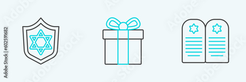 Set line Tombstone with star of david, Shield Star David and Gift box icon. Vector