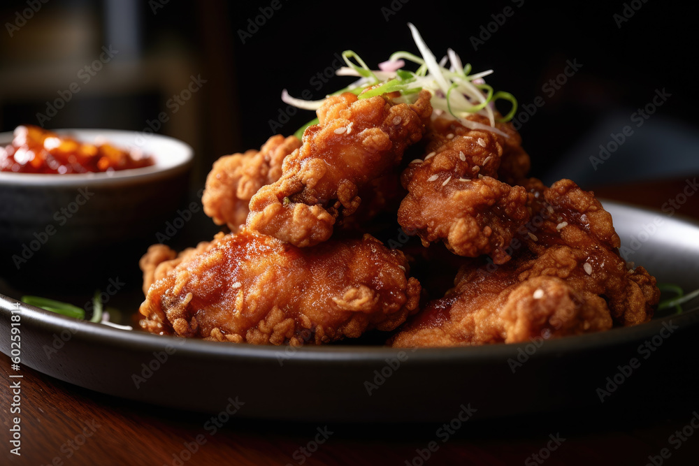 Crispy and spicy Korean fried chicken. AI Generative Crispy and spicy Korean fried chicken. AI Generative
