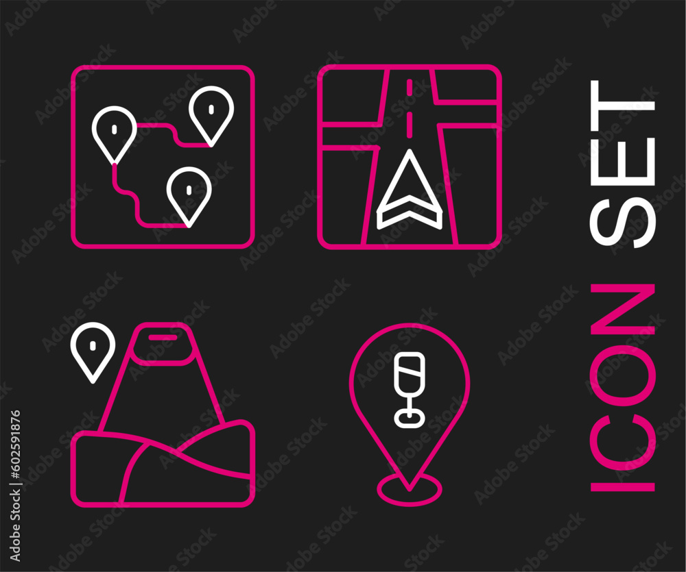 Set line Alcohol or beer bar location, Location with mountain, Gps device map and Route icon. Vector Set line Alcohol or beer bar location, Location with mountain, Gps device map and Route icon. Vector
