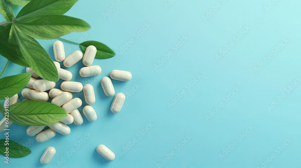 herbal natural pills on blue background with copy space, AI Generated. Generative AI - obrazy, fototapety, plakaty 