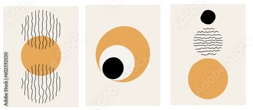 Collection of simple modern, minimalistic abstraction posters with geometric shapes (circles) and lines on a beige background