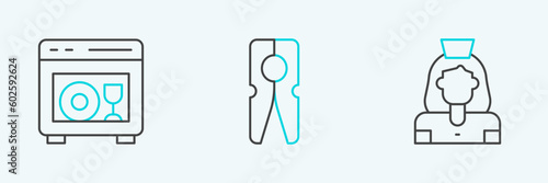 Set line Cleaning lady service, Dishwasher machine and Clothes pin icon. Vector