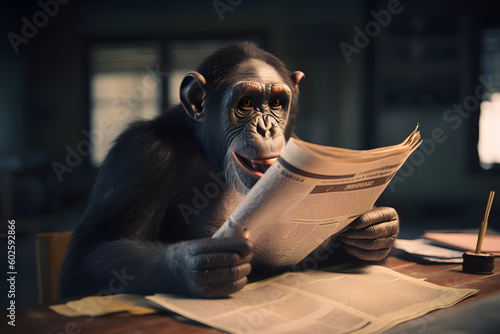 Chimpanzee jocko primate reads a newspaper and smiles cheerfully laughs at the workplace at the table in the office. Generative AI. photo