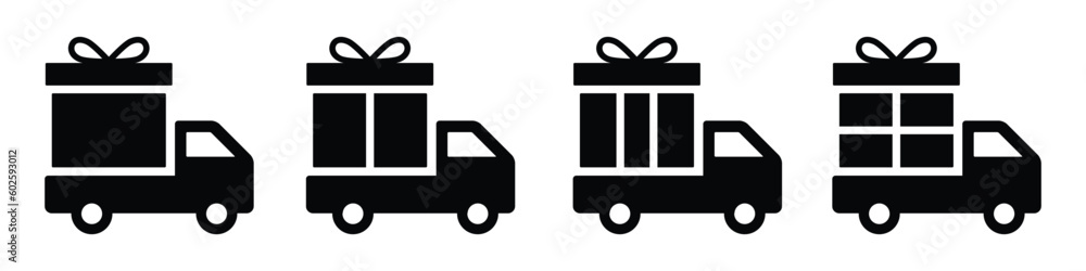 Truck delivery with gift box icon. Truck shop delivery icon, vector illustration Truck delivery with gift box icon. Truck shop delivery icon, vector illustration