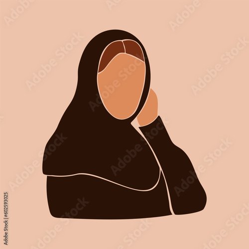 Faceless muslim woman headdress. A woman in a black headscarf. Hijab. Flat vector illustration. EPS 10.