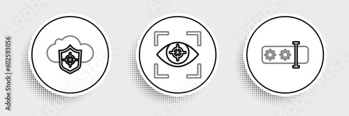 Set line Password protection, Cloud and shield and Eye scan icon. Vector