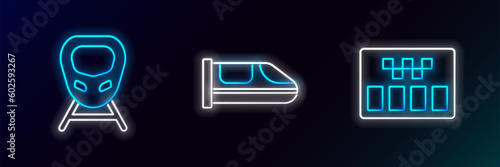 Set line Taximeter, High-speed train and icon. Glowing neon. Vector