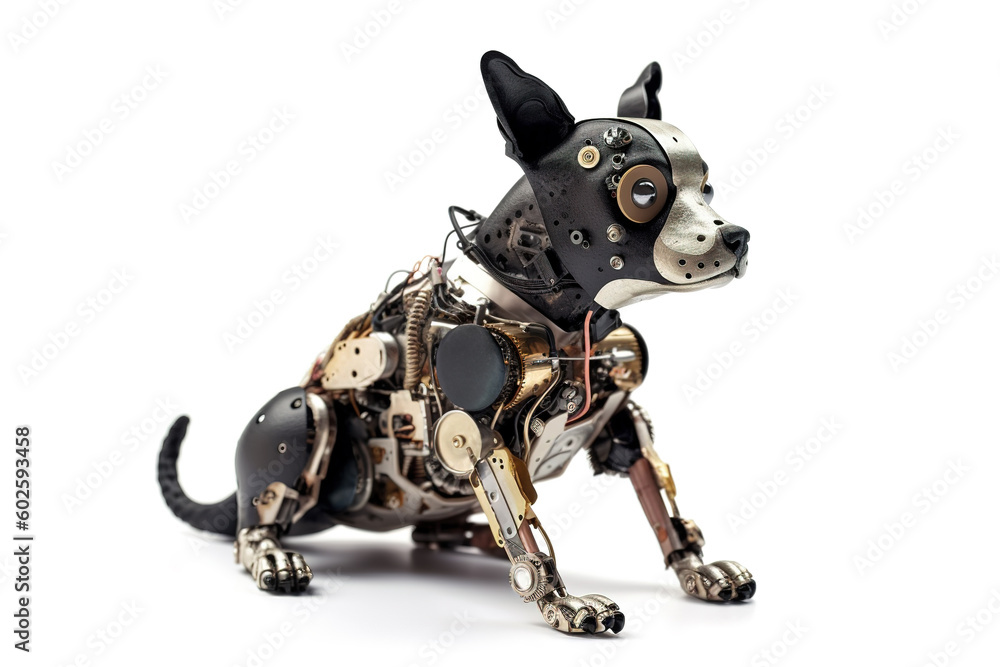 Image of a chihuahua modified into a robot on a white background. Pet. Animal. Illustration, Generative AI.