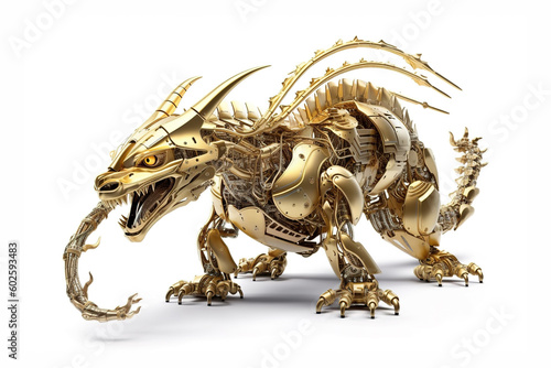 Image of a golden dragon modified into a electronics robot on a white background. Reptile. Animal. illustration, generative AI. © yod67