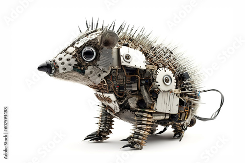 Image of a porcupine modified into a electronics robot on a white background. Wildlife Animals. Illustration  Generative AI.