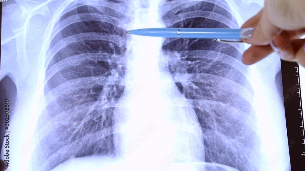 Woman hands with blue medical x ray of chest scan on light background ...