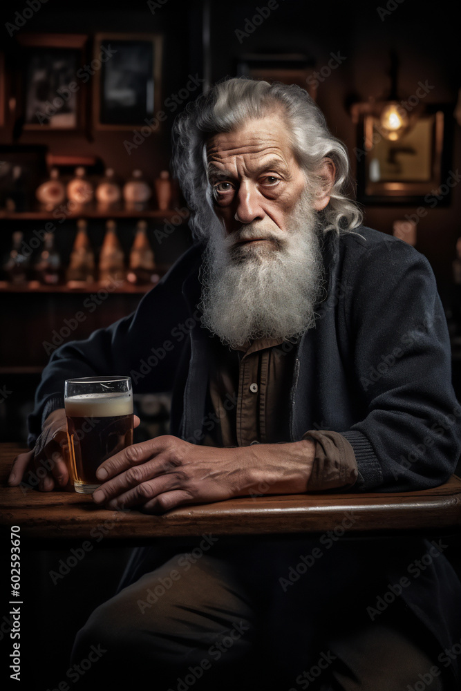 Elderly man with long grey beard sitting in the pub holding beer glass Elderly man with long grey beard sitting in the pub holding beer glass