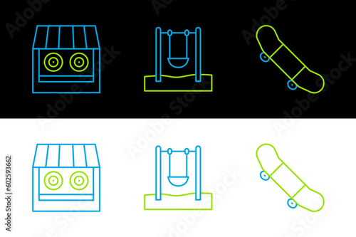Set line Skateboard trick, Shooting gallery and Swing icon. Vector