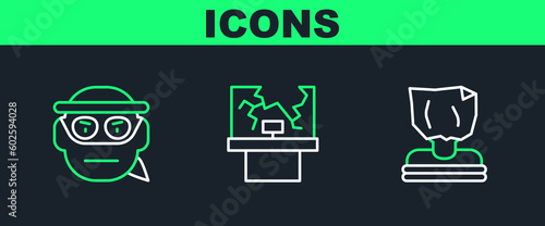 Set line Kidnaping, Bandit and Broken window icon. Vector