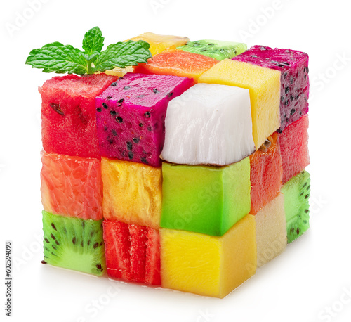 Fruit puzzle cube arranged from different fruit cubes. Dietary concept. File contains clipping path.